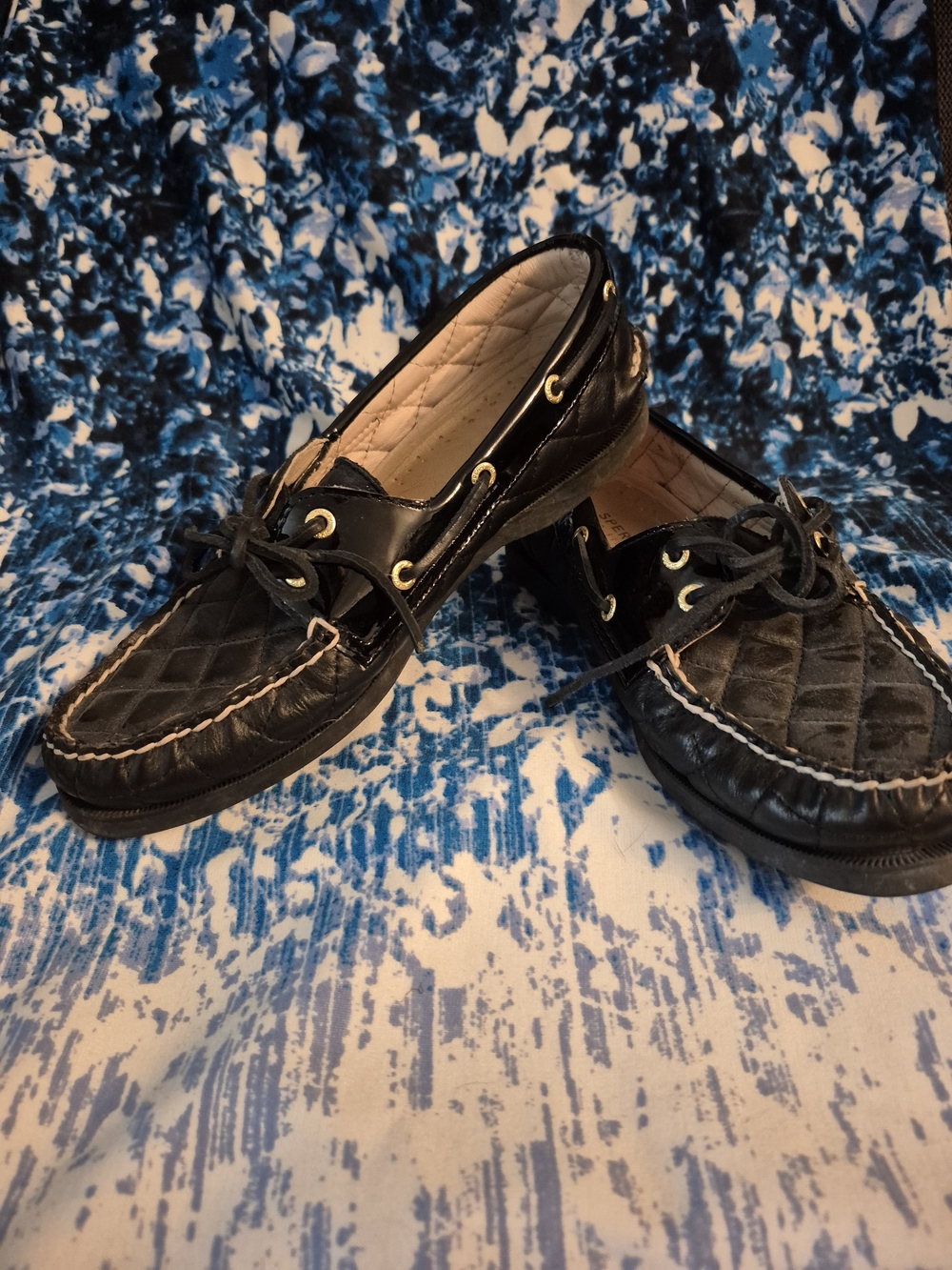 Sperry Black Quilted Leather Boat Shoes with Gold Eyelets